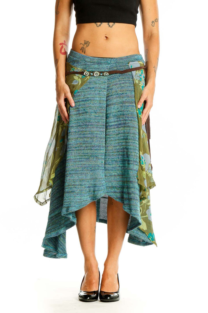 Front view of teal floral layered midi skirt from Free People