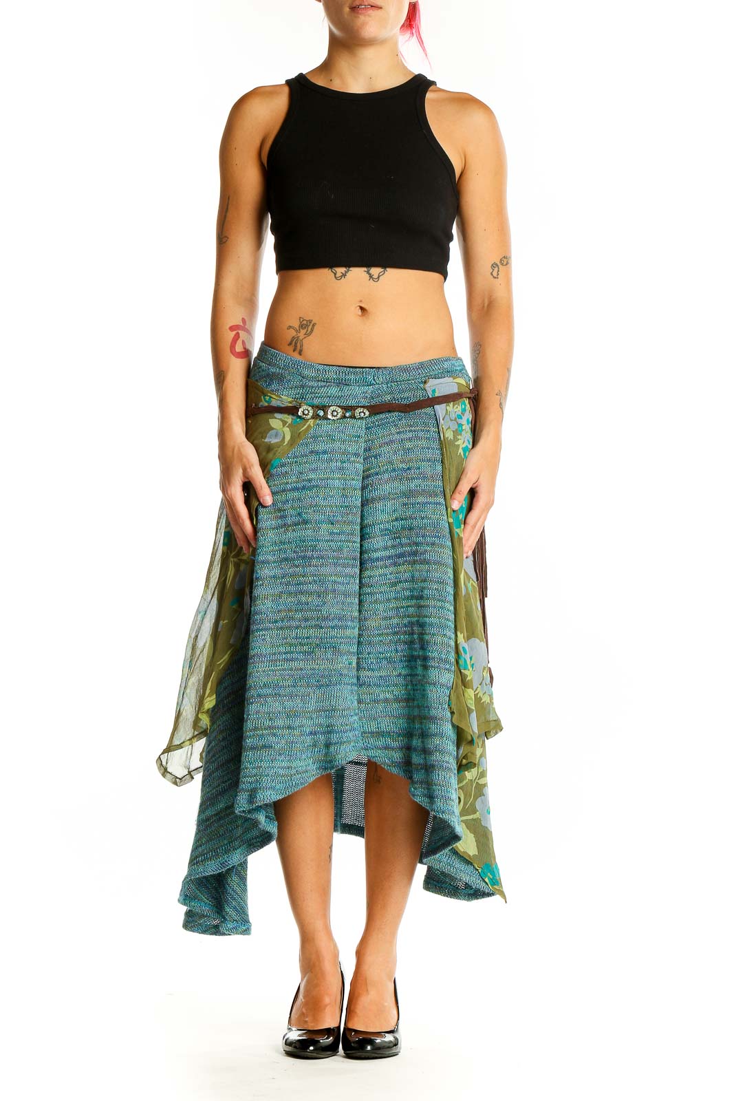 Front view of teal floral layered midi skirt from Free People