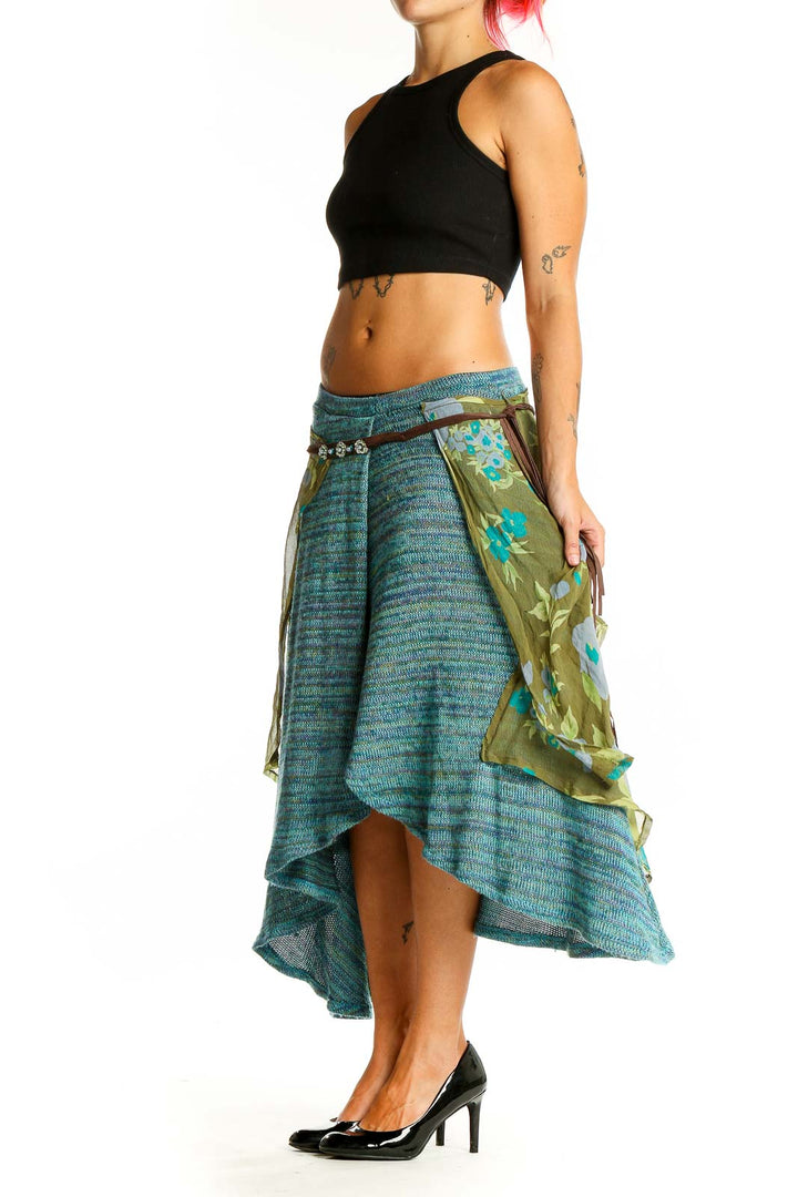 Front view of teal floral layered midi skirt from Free People