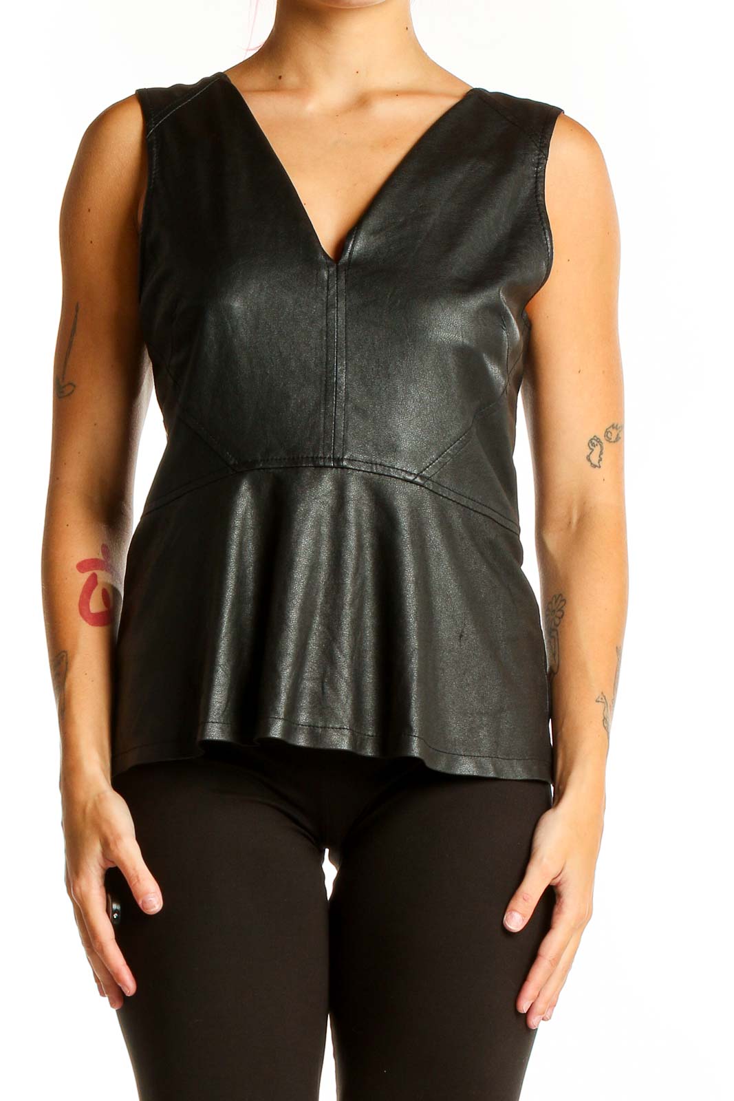 Front view of Sanctuary black leather peplum top with V-neckline