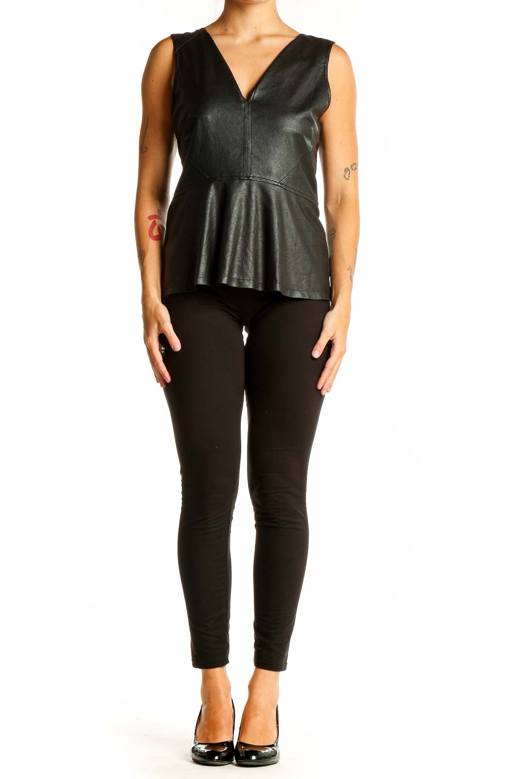 Front view of Sanctuary black leather peplum top with V-neckline