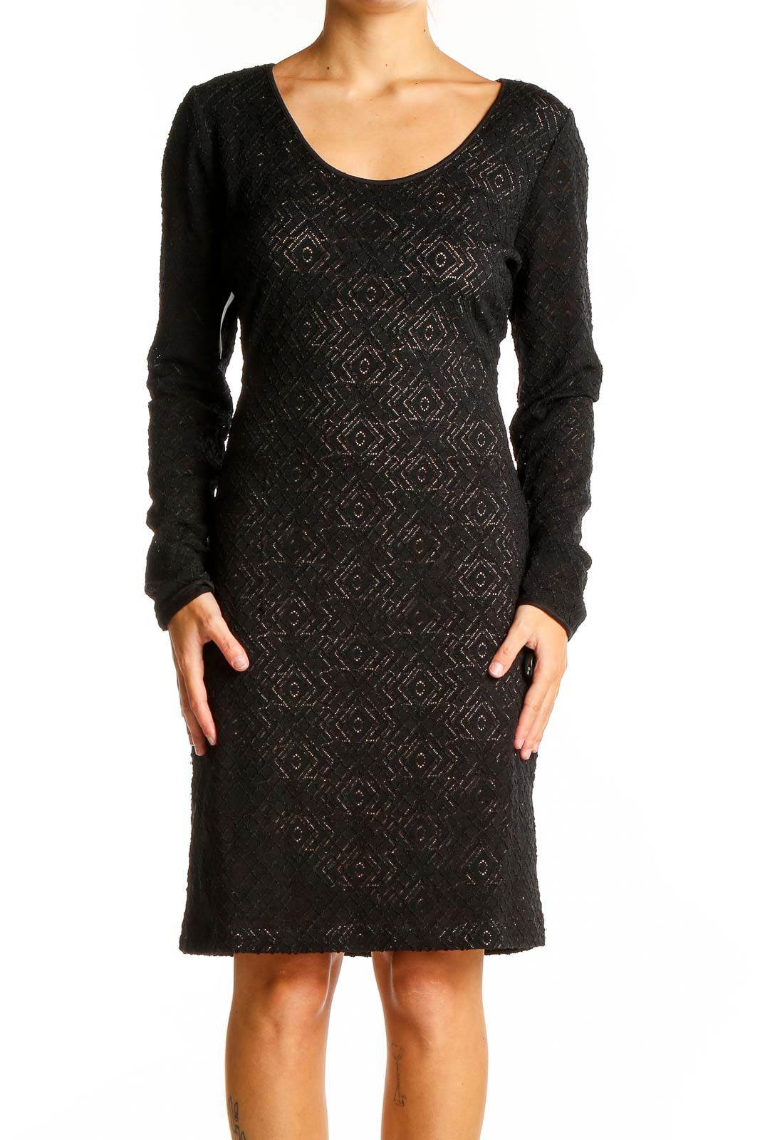 Front view of BCBG MaxAzria black textured knit bodycon dress with diamond pattern