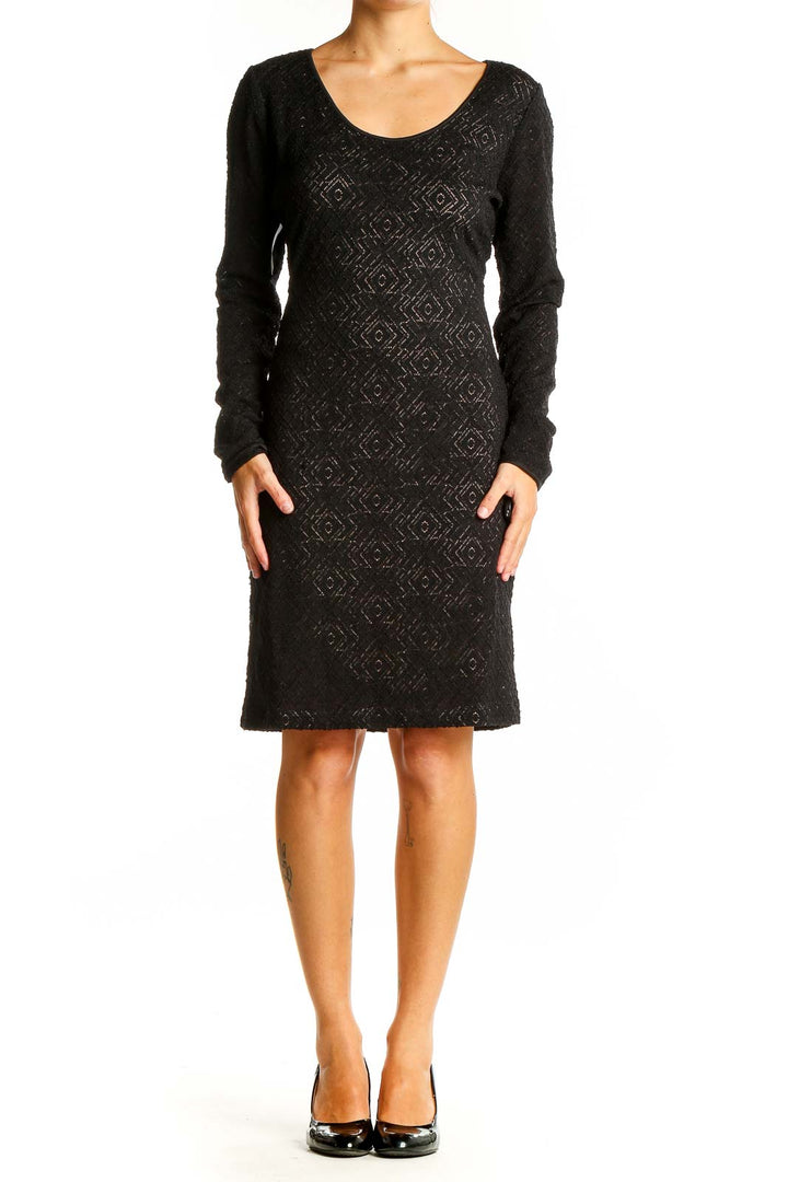 Front view of BCBG MaxAzria black textured knit bodycon dress with diamond pattern