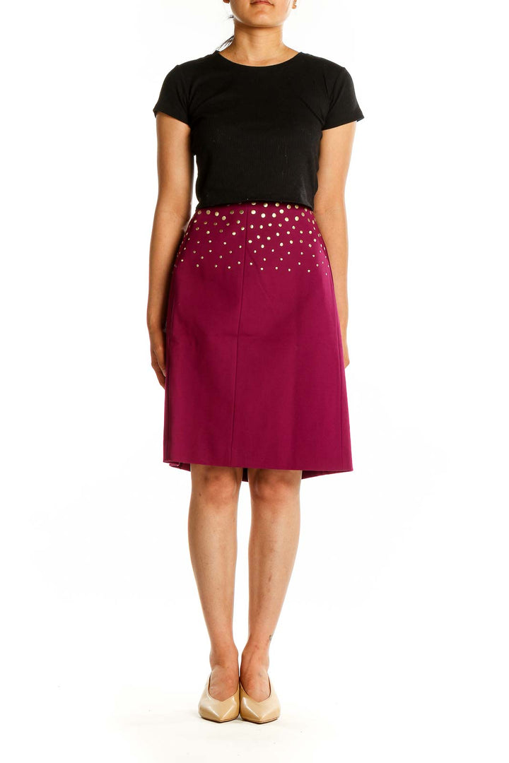 Front view of Antonio Melani burgundy A-line skirt with gold polka dots