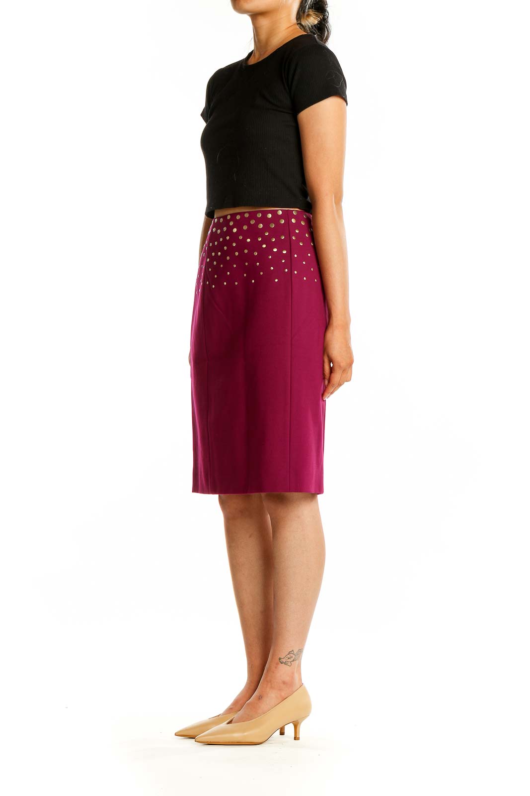 Front view of Antonio Melani burgundy A-line skirt with gold polka dots