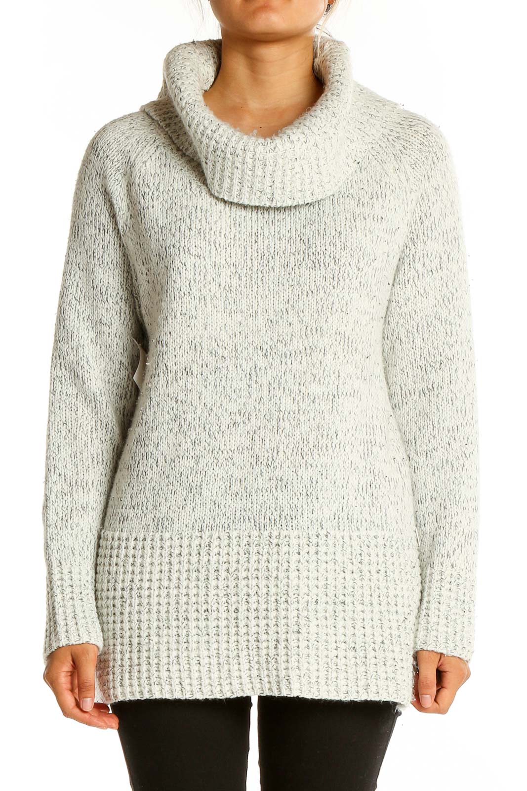 Front view of gray DKNY cowl neck chunky knit sweater