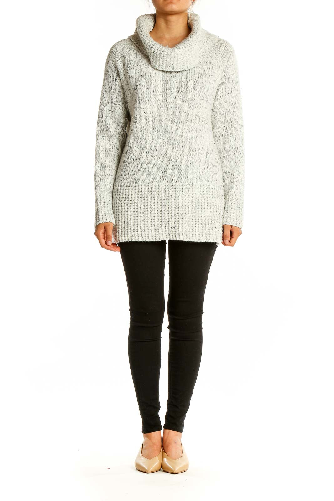 Front view of gray DKNY cowl neck chunky knit sweater