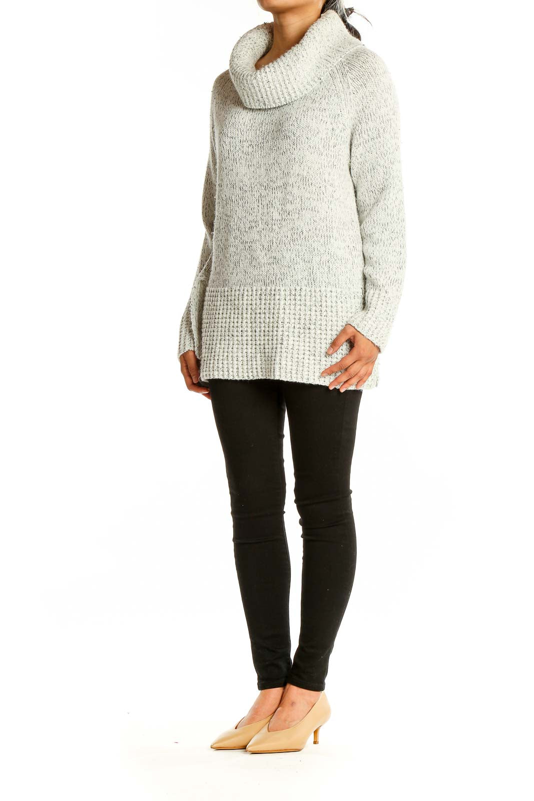 Front view of gray DKNY cowl neck chunky knit sweater