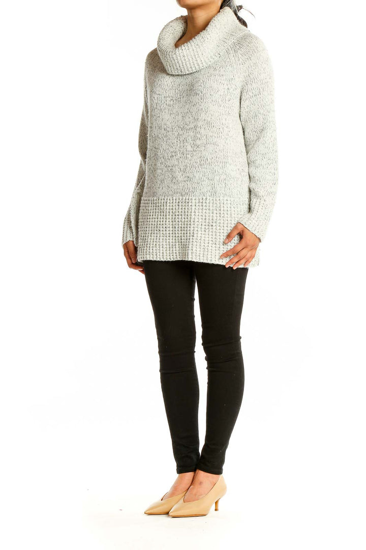 Front view of gray DKNY cowl neck chunky knit sweater