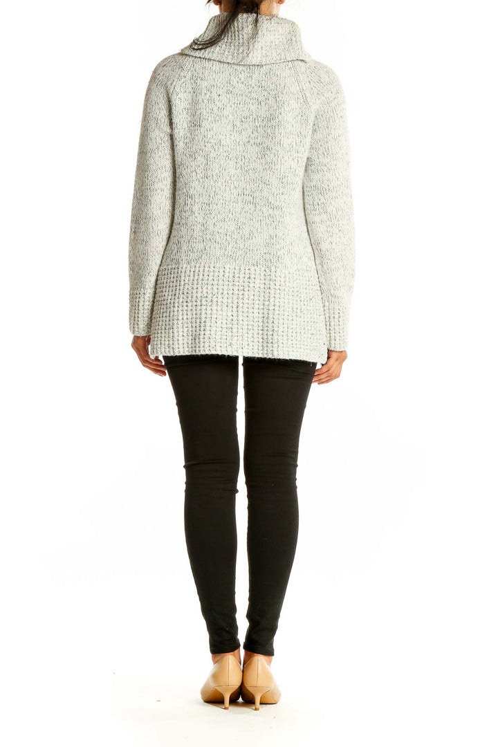 Back view of gray DKNY cowl neck chunky knit sweater