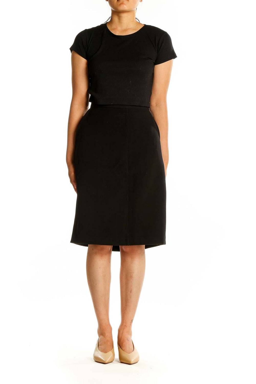 Front view of Anne Klein black pencil skirt with side slit