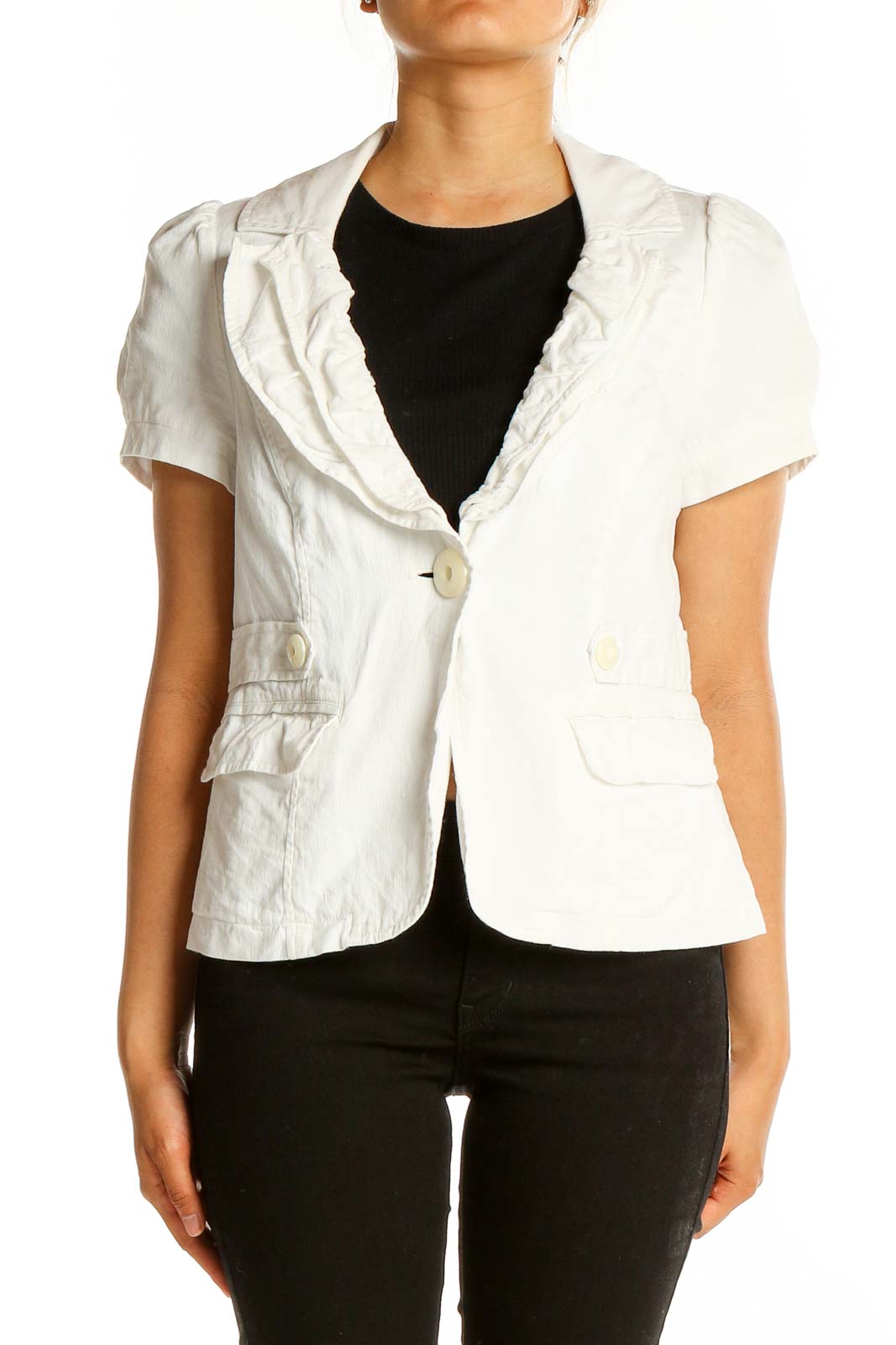 Front view of white short sleeve blazer by Ambition