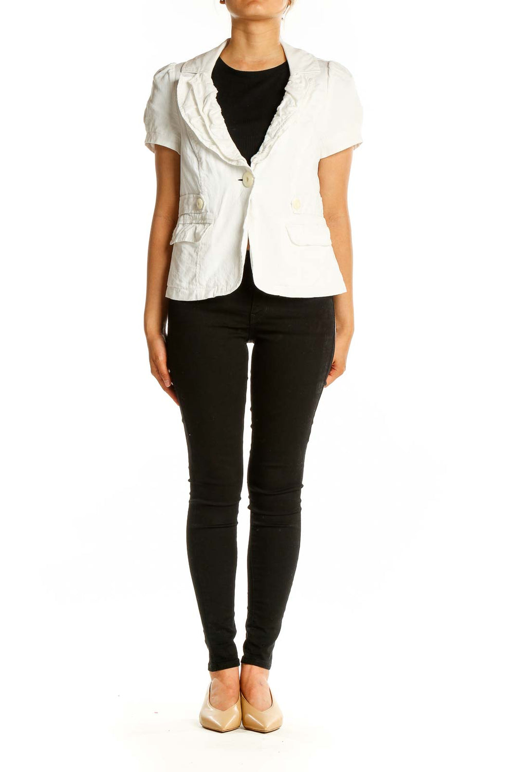 Front view of white short sleeve blazer by Ambition