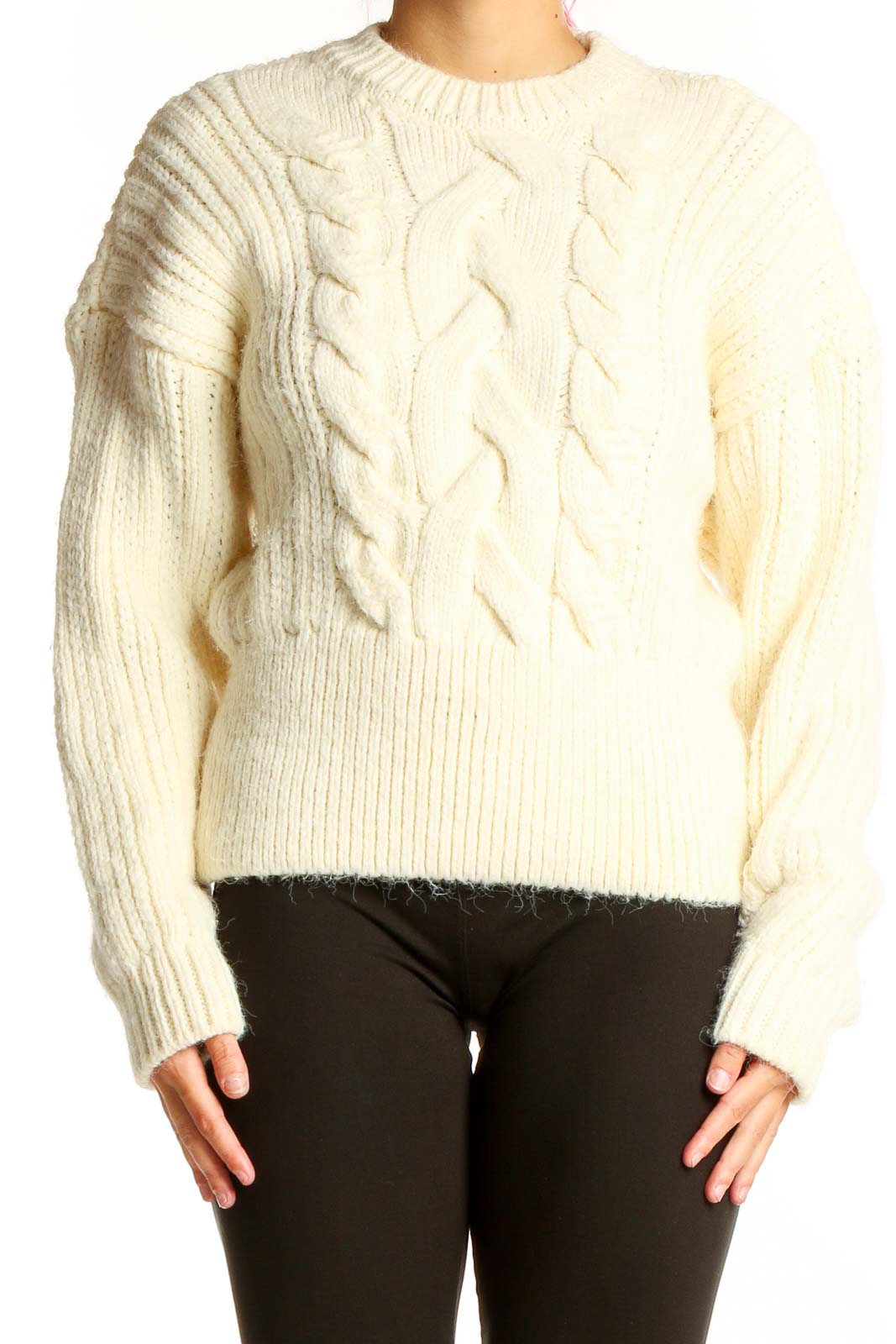 Front view of Zara cream cable knit cropped sweater with ribbed details