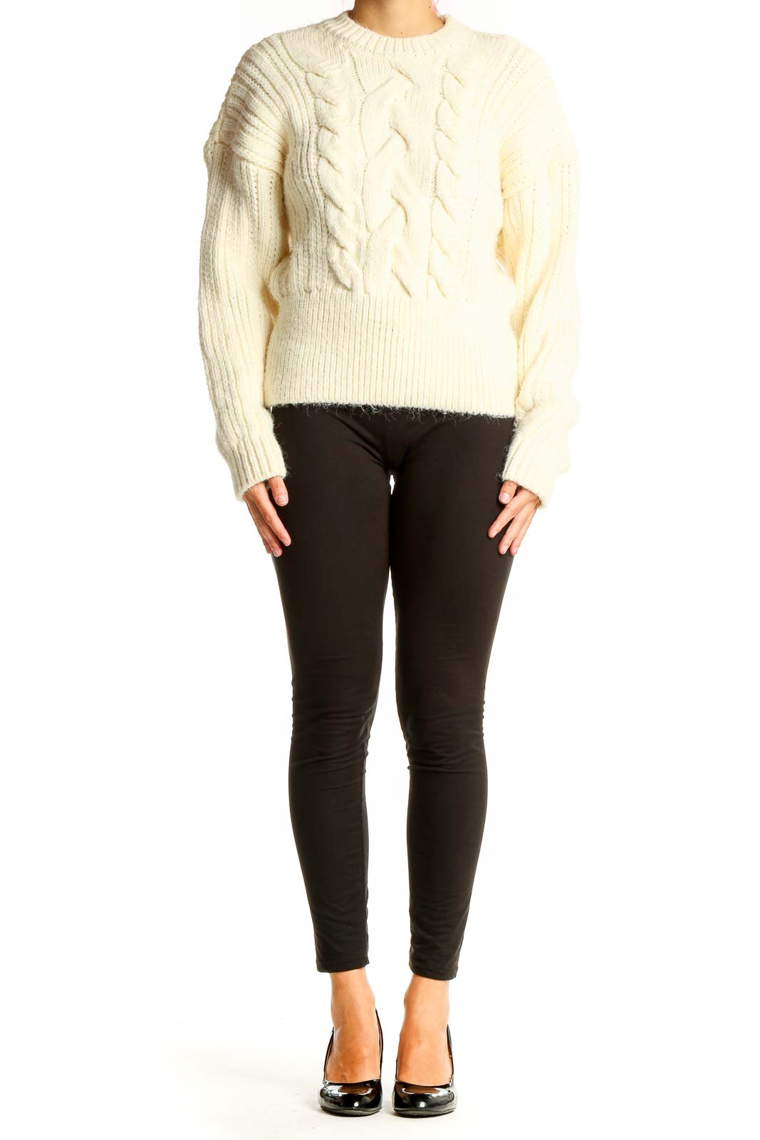 Front view of Zara cream cable knit cropped sweater with ribbed details