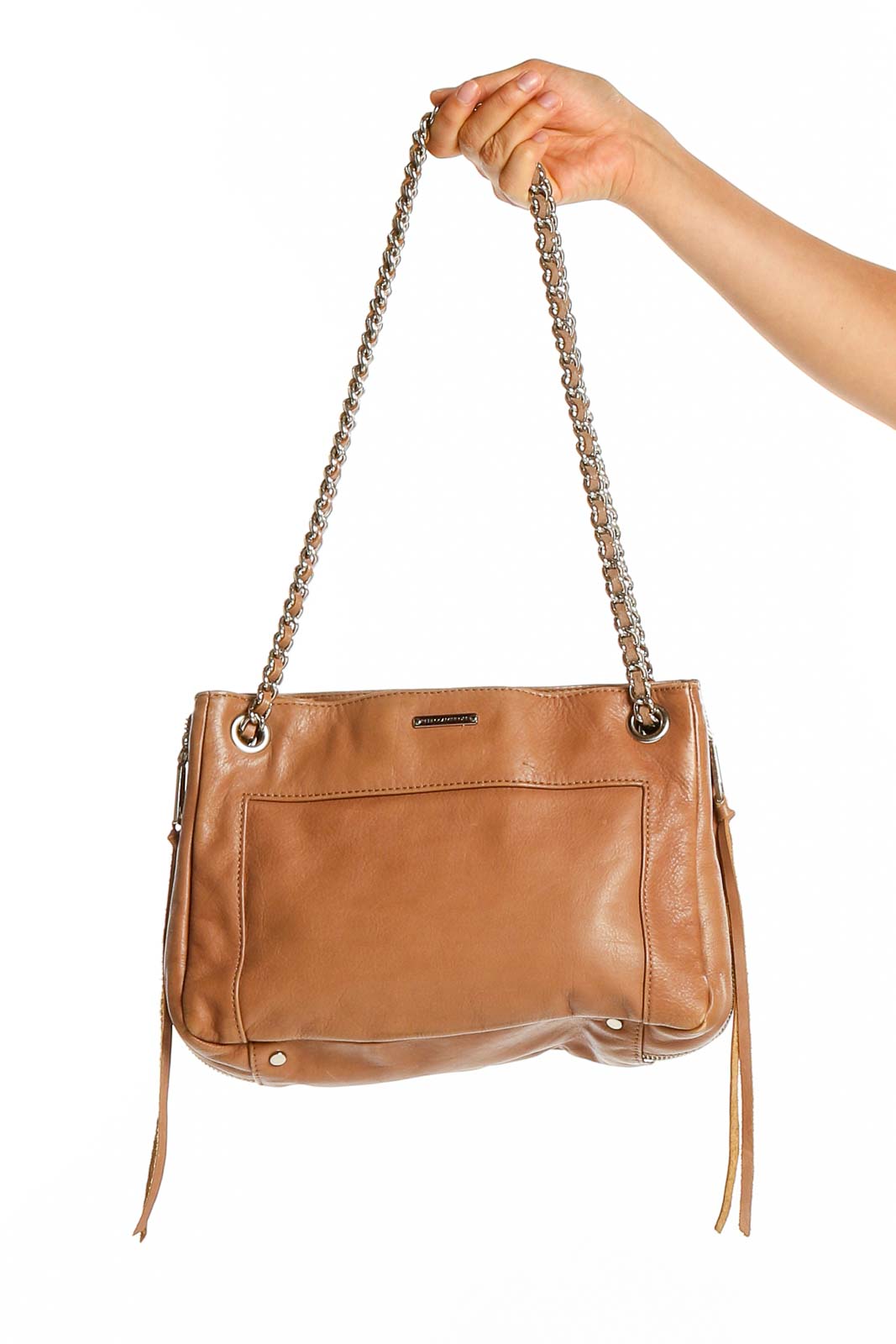 Front view of tan Rebecca Minkoff leather shoulder bag with chain strap