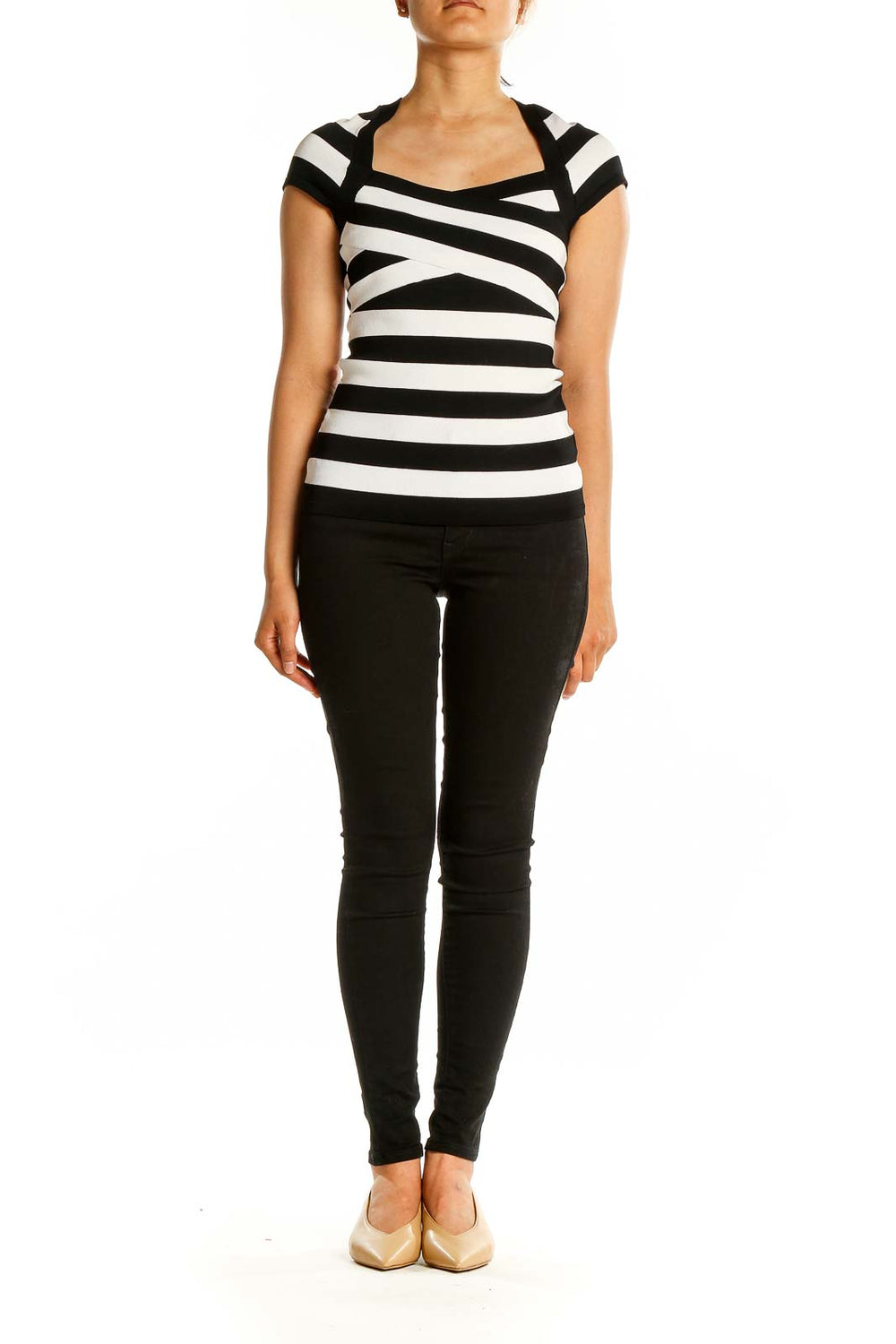 Front view of Black and White Striped Cap Sleeve Top with crisscross neckline