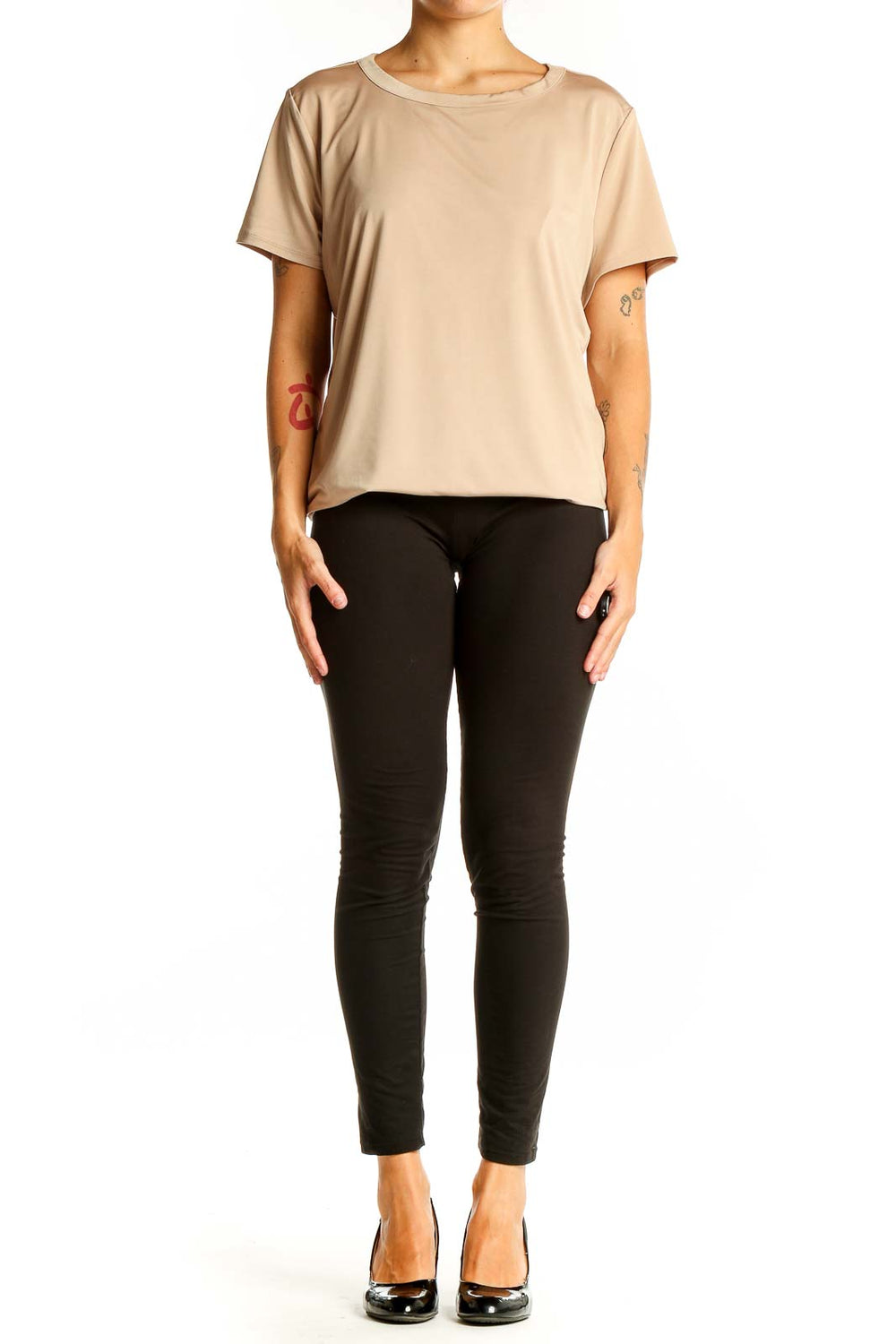 Front view of beige Express short-sleeve top with relaxed fit