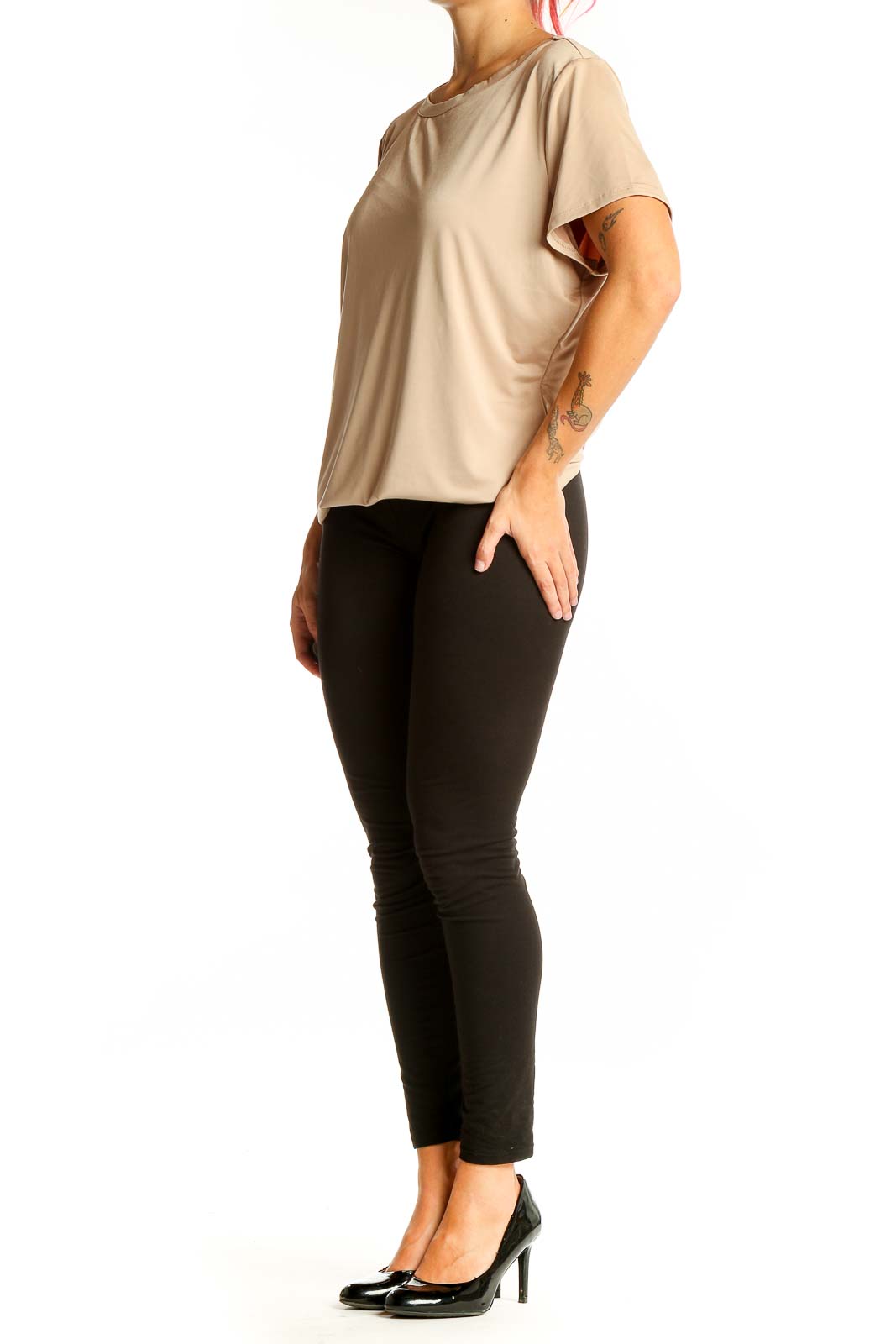 Front view of beige Express short-sleeve top with relaxed fit