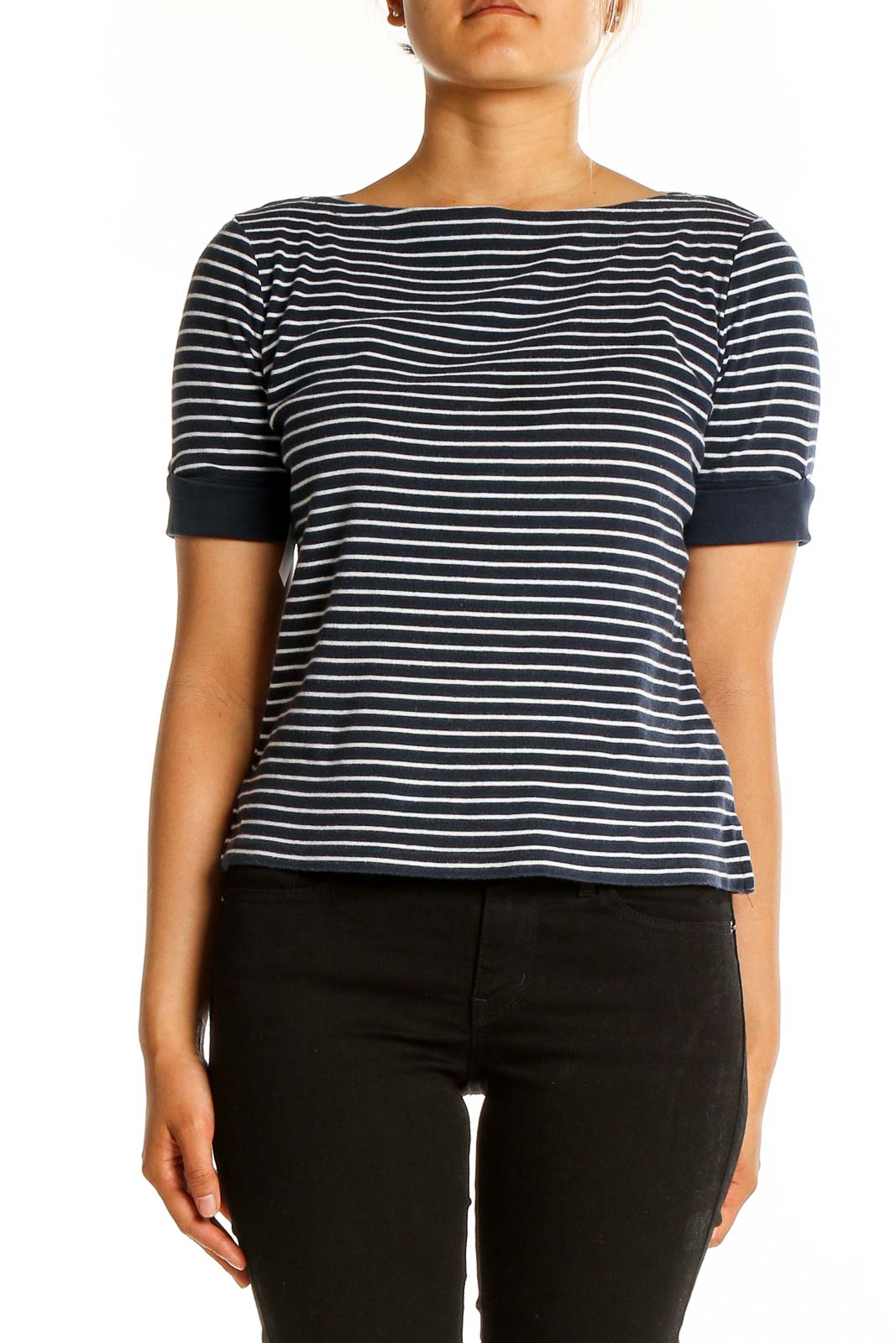 Front view of Lauren Ralph Lauren navy and white striped cotton top with boat neckline