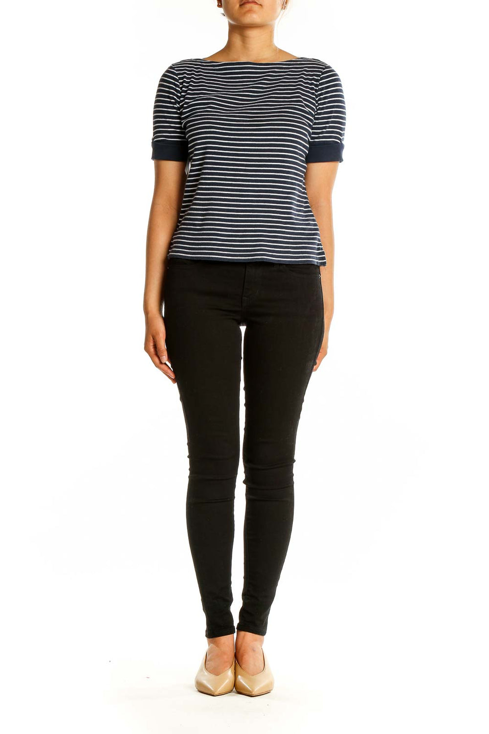 Front view of Lauren Ralph Lauren navy and white striped cotton top with boat neckline