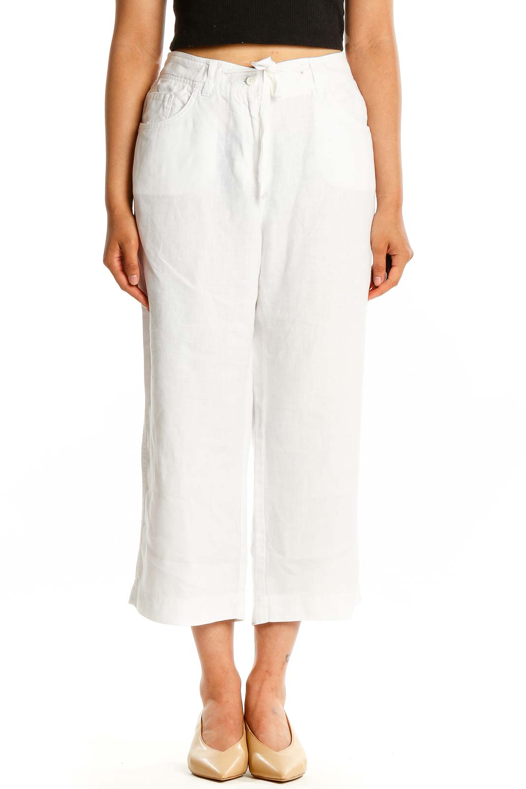 Front view of white linen wide-leg cropped pants from Jones New York Sport