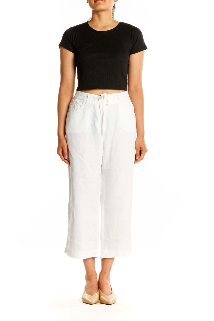 Front view of white linen wide-leg cropped pants from Jones New York Sport