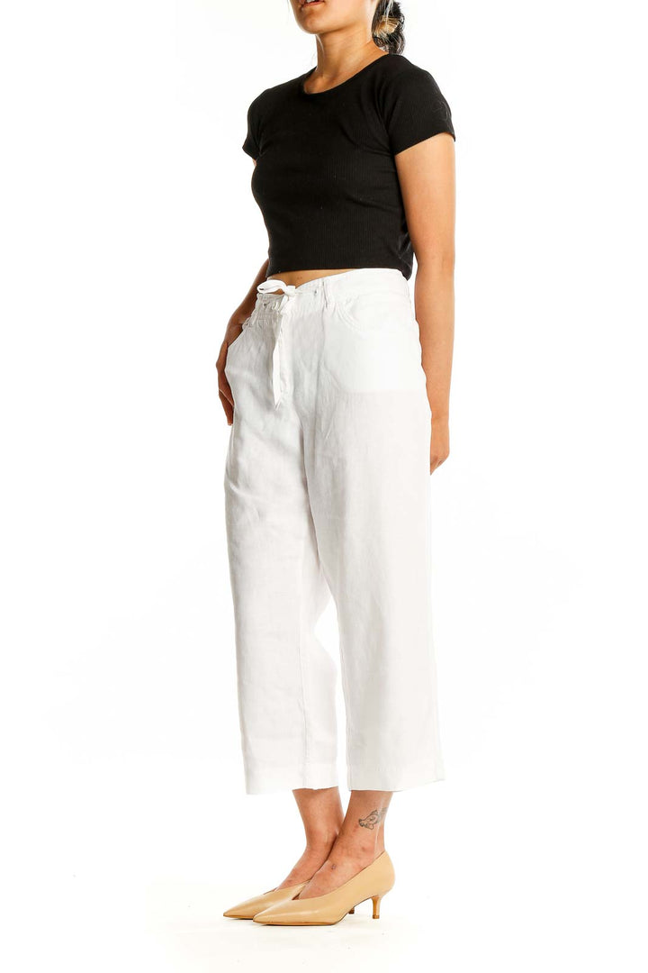 Front view of white linen wide-leg cropped pants from Jones New York Sport