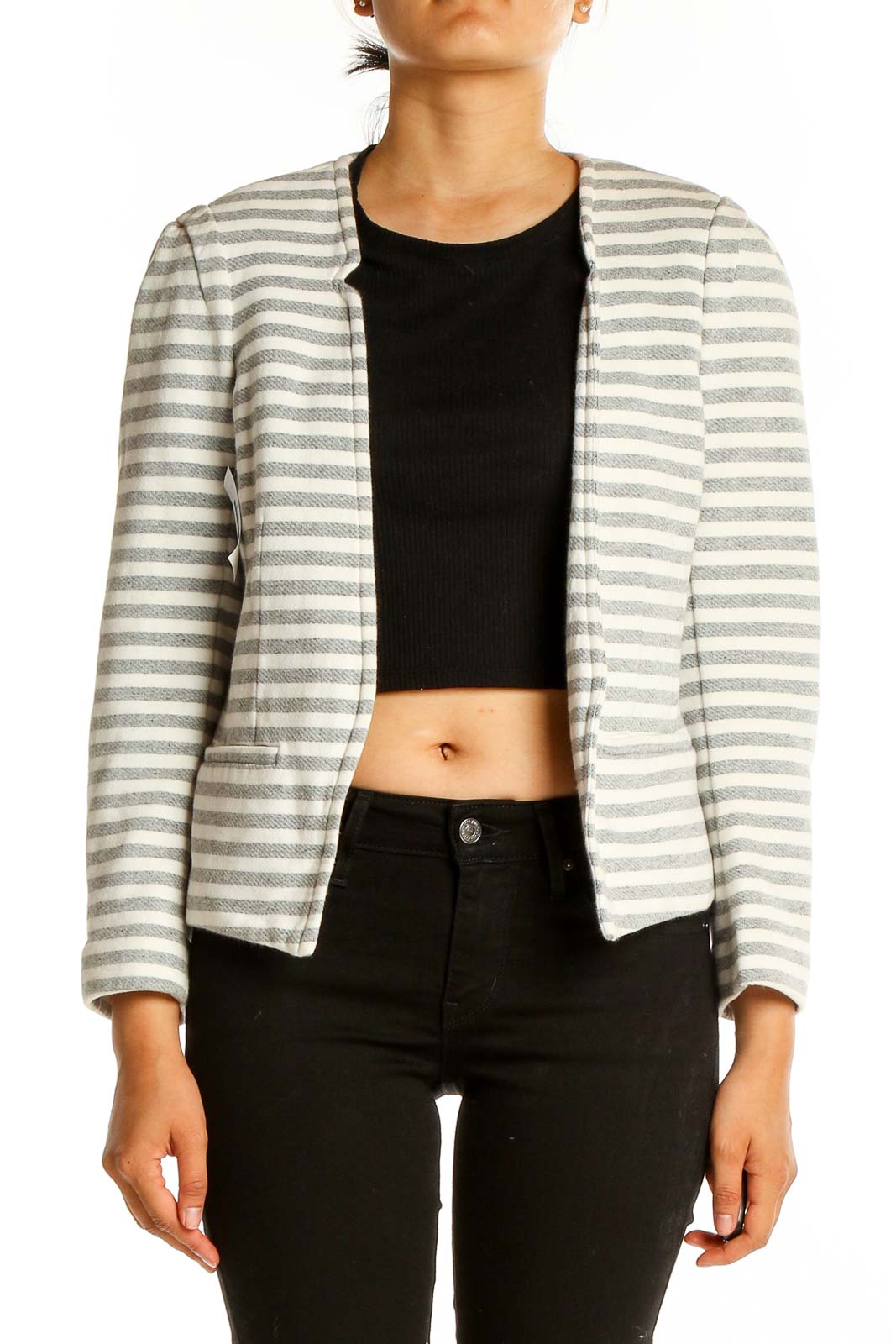 Front view of LOFT gray and white striped cotton jacket with open front