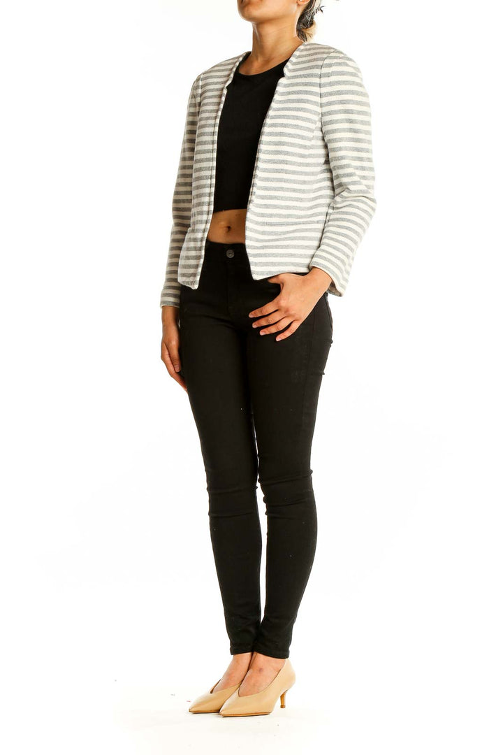 Front view of LOFT gray and white striped cotton jacket with open front