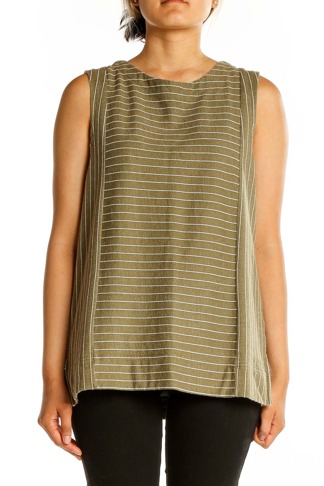 Front view of J.Crew olive green striped sleeveless cotton top