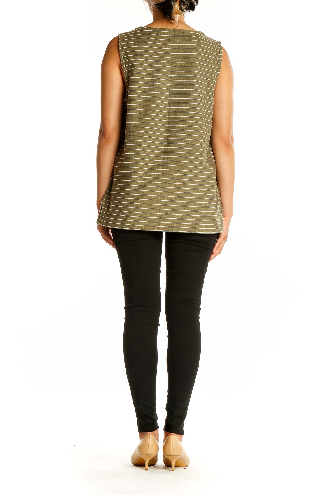 Back view of J.Crew olive green striped sleeveless cotton top