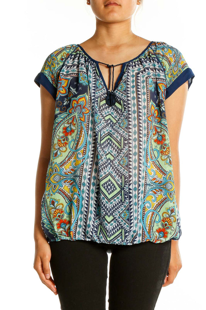 Front view of New Directions Blue Multicolor Paisley Print Peasant Top