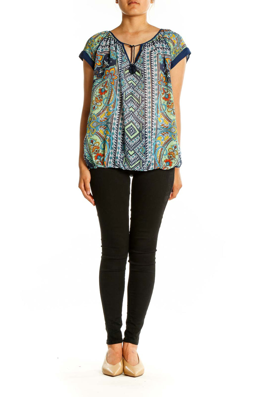 Front view of New Directions Blue Multicolor Paisley Print Peasant Top