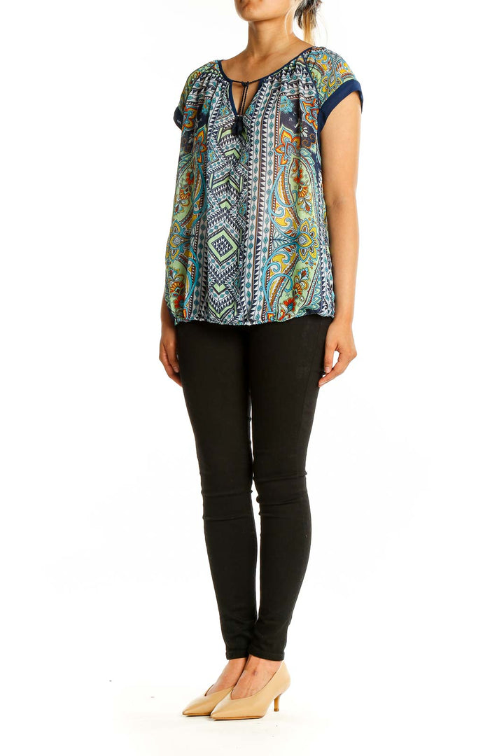 Front view of New Directions Blue Multicolor Paisley Print Peasant Top