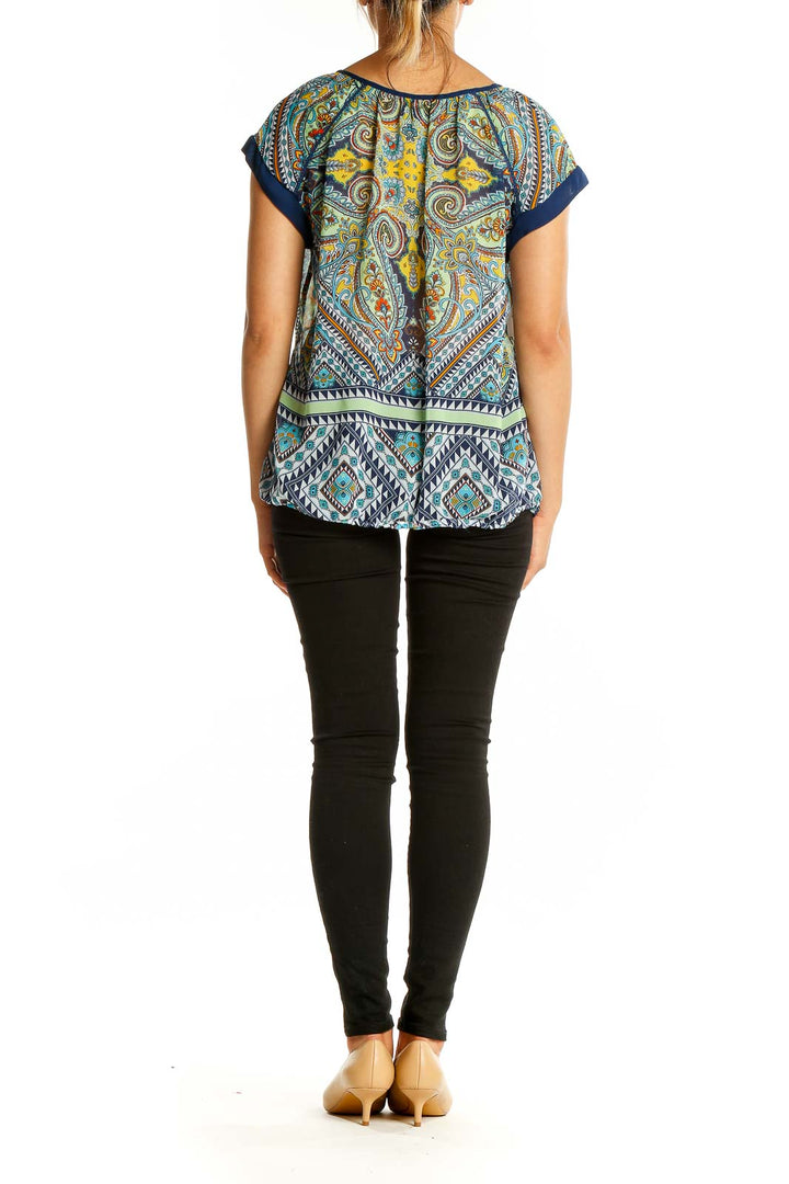 Back view of New Directions Blue Multicolor Paisley Print Peasant Top showing full pattern