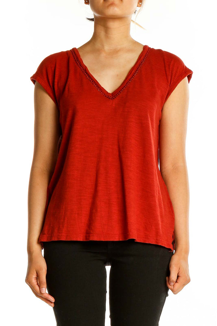 Front view of red V-neck cap sleeve blouse from Banana Republic