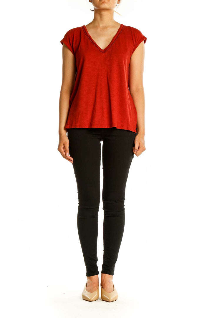 Front view of red V-neck cap sleeve blouse from Banana Republic