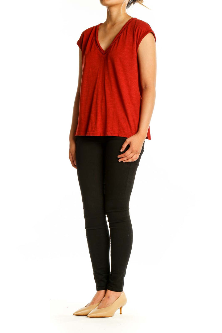 Front view of red V-neck cap sleeve blouse from Banana Republic