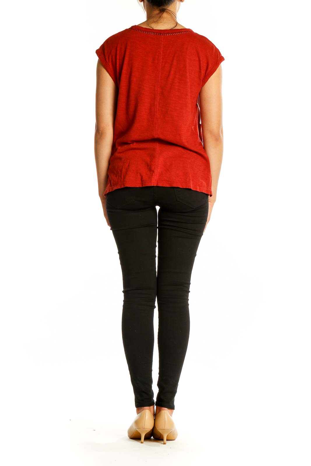 Back view of red V-neck cap sleeve blouse from Banana Republic