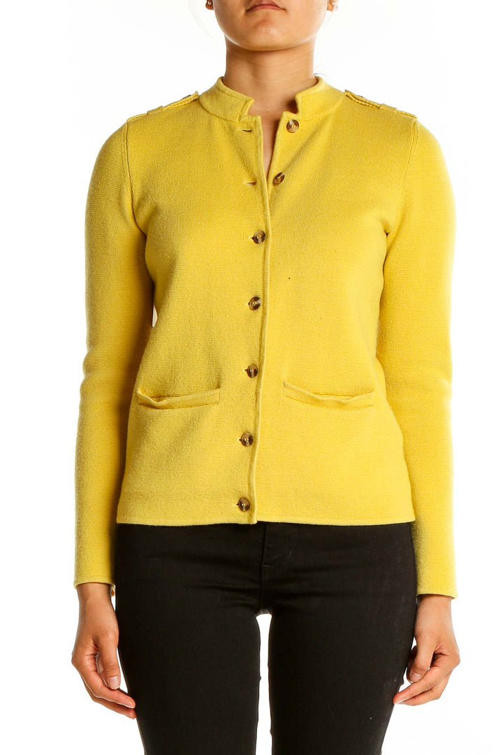 Front view of yellow Merino wool button-up cardigan from Talbots