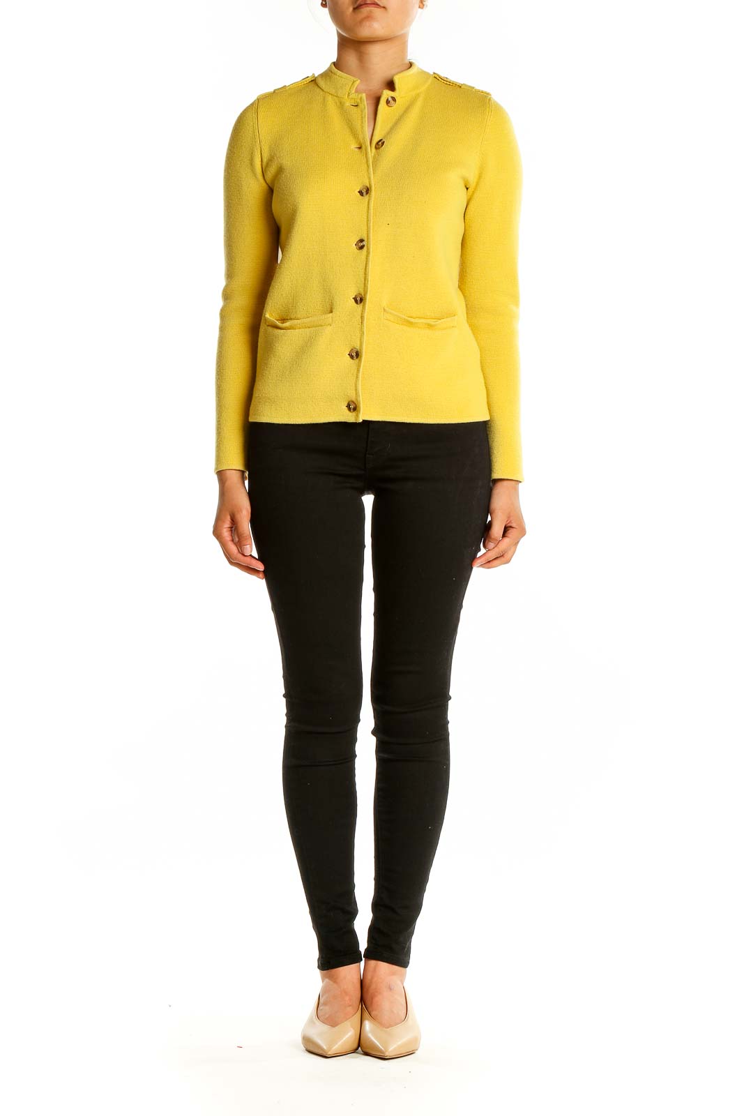 Front view of yellow Merino wool button-up cardigan from Talbots