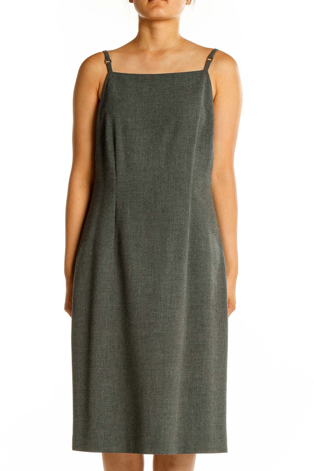 Front view of Ann Taylor gray midi sheath dress with thin straps