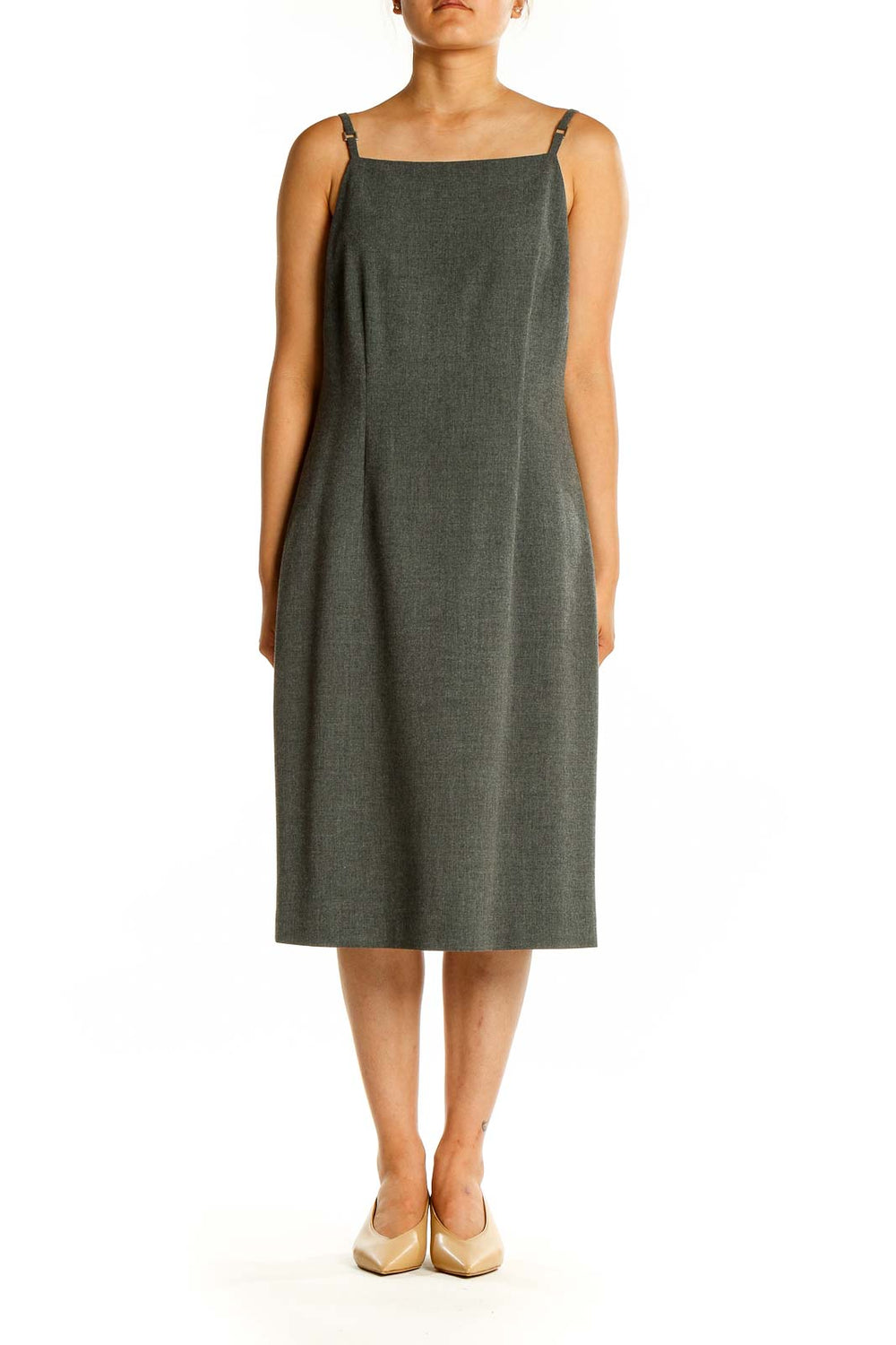 Front view of Ann Taylor gray midi sheath dress with thin straps