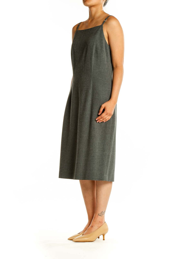 Front view of Ann Taylor gray midi sheath dress with thin straps