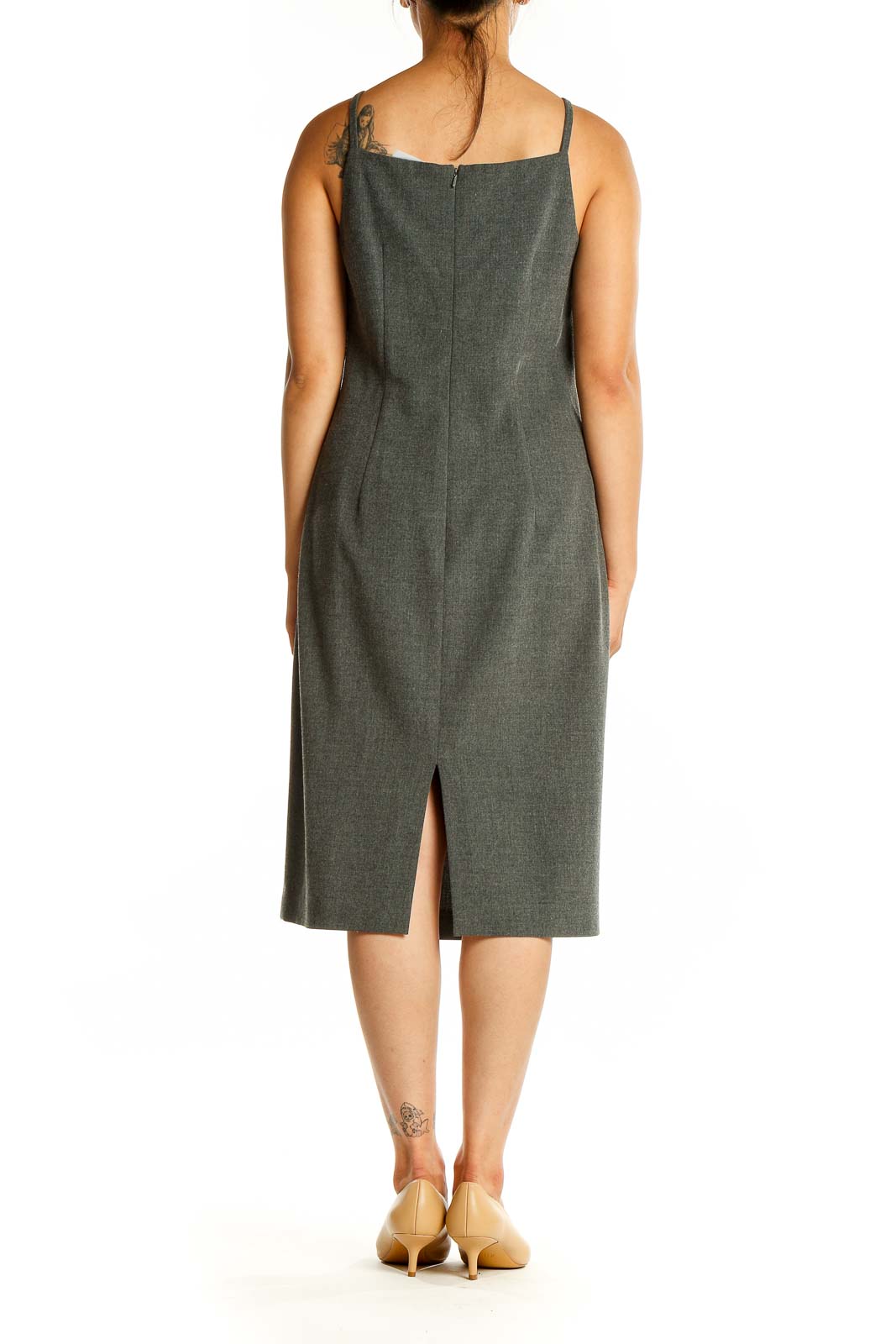 Back view of Ann Taylor gray midi sheath dress showing back slit