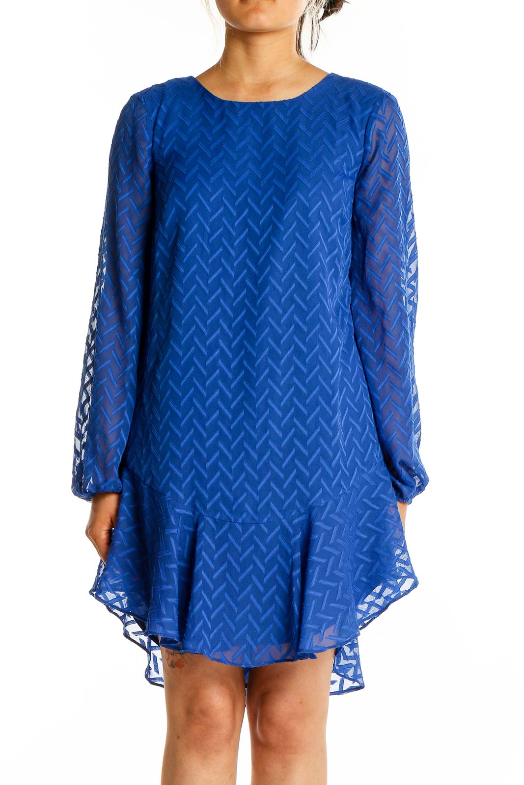 Front view of royal blue BCBG MaxAzria chevron lace cocktail dress