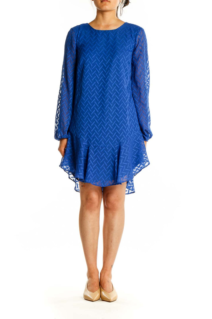 Front view of royal blue BCBG MaxAzria chevron lace cocktail dress