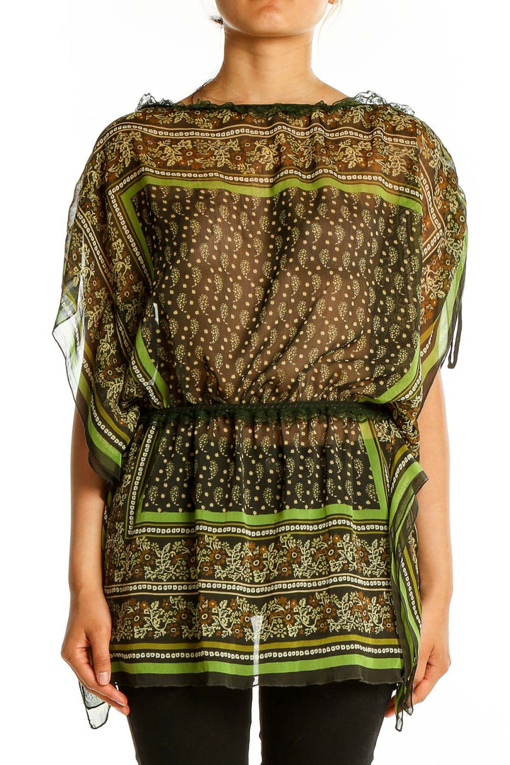 Front view of V Cristina green patterned sheer tunic top with boat neckline and tied sleeves