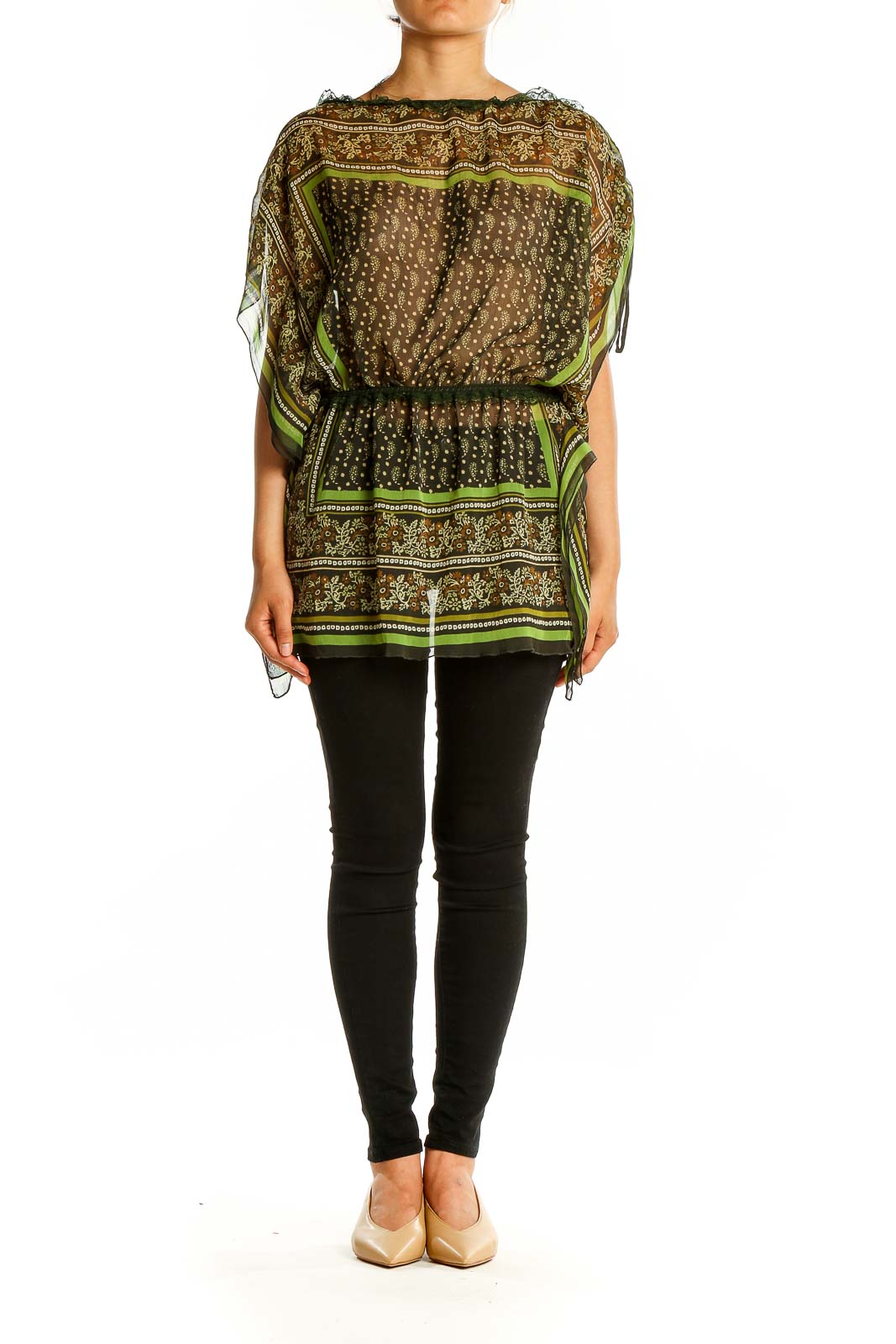 Front view of V Cristina green patterned sheer tunic top with boat neckline and tied sleeves